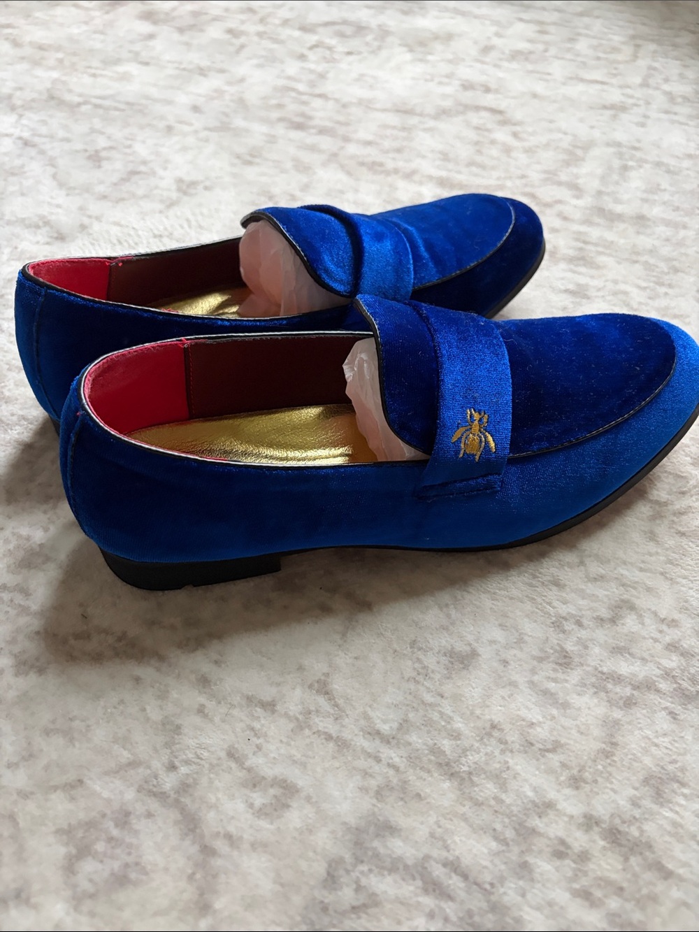 Royal Blue Velvet Loafers with Gold Embroidery wasp size 43 9.5/10 - Picture 5 of 9